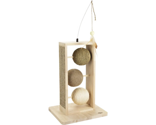 Arbre à chat avec trois balles de jeu et canne à pêche