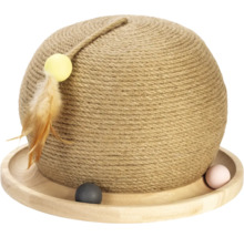 Balle à gratter pour chat avec jouet sur socle en bois