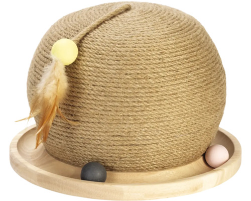 Designed by Lotte Balle à gratter et à jouer Mila Balle à gratter pour chat avec jouet sur socle en bois