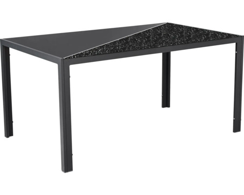 Table de jardin rectangulaire avec cadre en métal noir et surface partiellement en verre