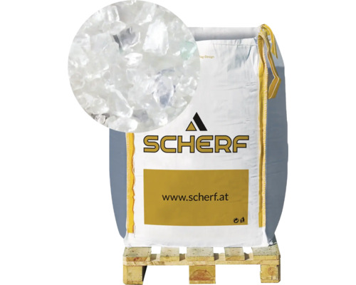 Graviers de verre cristal transparent 4-8 mm 1000 kg Bigbag Logo Scherf sur Big Bag avec matériau de remplissage sur une palette