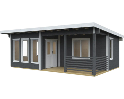 Abri de jardin gris avec véranda, fenêtres et porte double