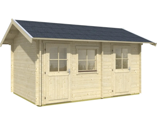 Abri de jardin en bois avec fenêtres et portes