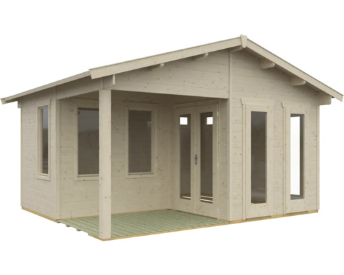 Holzgartenhaus mit überdachter Veranda und Fenstern