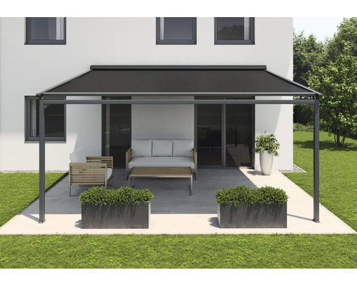 SOLUNA Pergola mit Stoffdach 4x3 Stoff Dessin 320994 Gestell RAL 7016 anthrazitgrau Antrieb Links inkl. Motor, Wandschalter (Wandbefestigung) Pergola mit ausfahrbarem Sonnenschutz auf Terrasse mit Gartenmöbeln
