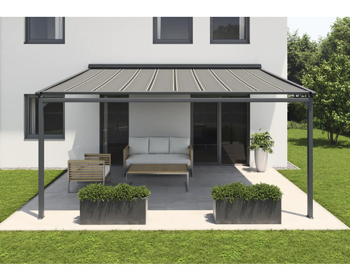 SOLUNA Pergola mit Stoffdach 3,5x3,5 Stoff Dessin A131 Gestell RAL 7016 anthrazitgrau Antrieb Rechts inkl. Motor, Wandschalter (Wandbefestigung) Terrassenüberdachung mit Gartenmöbeln auf Terrasse
