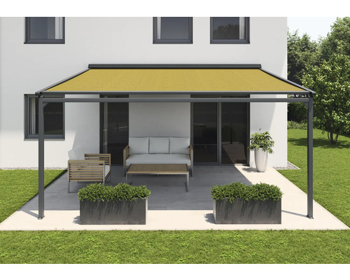SOLUNA Pergola mit Stoffdach 5,5x2,5 Stoff Dessin S1468 Gestell RAL 7016 anthrazitgrau Antrieb Links inkl. Motor, Wandschalter (Wandbefestigung) Terrasse mit Gartenmöbeln unter einer Pergola mit Sonnenschutz