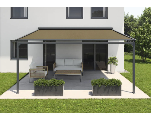 SOLUNA Pergola mit Stoffdach 4,5x3,5 Stoff Dessin S2838 Gestell RAL 7016 anthrazitgrau Antrieb Links inkl. Motor, Wandschalter (Wandbefestigung) Terrasse mit Pergola, Gartenmöbeln und Pflanzkästen