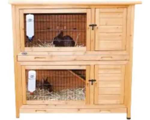 Clapier à lapins à deux étages en bois avec deux lapins