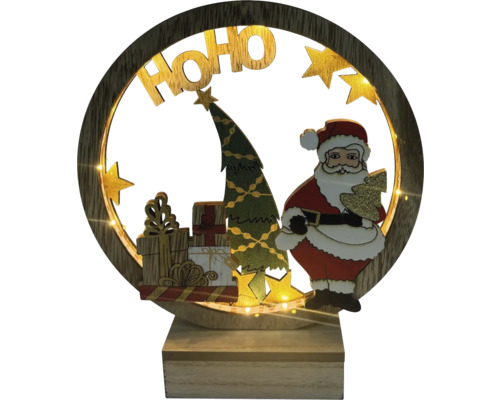 Figurine décorative de Noël avec Père Noël, sapin de Noël, cadeaux et inscription Ho Ho Ho, illuminée