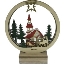Lampe décorative en bois avec motif de Noël, composée d''un village, de sapins, d''un traîneau et d''une étoile