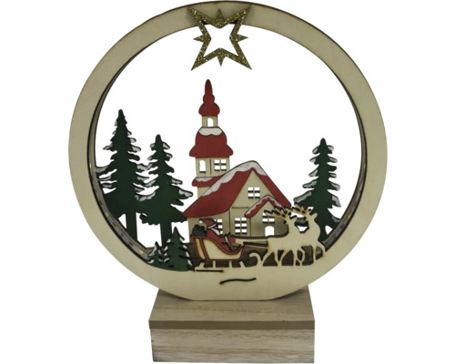 Lampe décorative en bois avec motif de Noël, composée d''un village, de sapins, d''un traîneau et d''une étoile