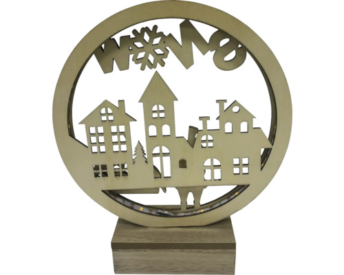 Lampe décorative en bois avec silhouette de ville et lettrage