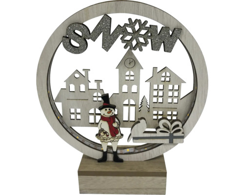 Boule à neige décorative avec bonhomme de neige, maisons et cadeaux