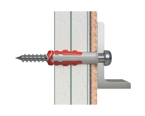 Befestigtes Bauelement mit einer Schraube und einem Dübel