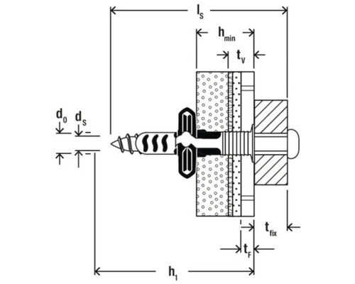 Diagramm einer Dübelbefestigung mit Maßangaben