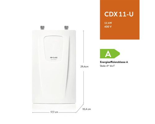 Elektronischer Durchlauferhitzer mit Energieeffizienzklasse A und den Maßen 29,4 cm x 17,7 cm x 10,4 cm