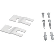 Befestigungsset bestehend aus Metallplatten, Schrauben und Dübeln