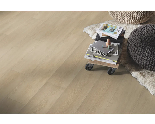 Plancher en bois clair avec pile de magazines et coussins de siège