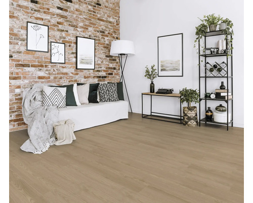 Plancher en bois clair dans un salon lumineux avec un mur de briques et des éléments décoratifs tels qu''un canapé, des étagères et des plantes