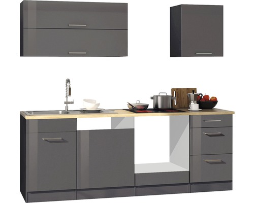 Held Möbel Küchenzeile Mailand 220 cm Frontfarbe grau Hochglanz Korpusfarbe graphit