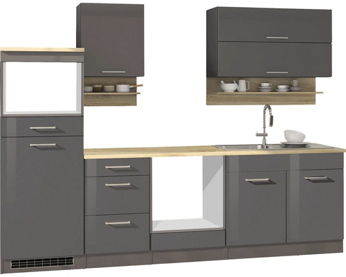 Held Möbel Küchenzeile Mailand 270 cm Frontfarbe grau Hochglanz Korpusfarbe graphit