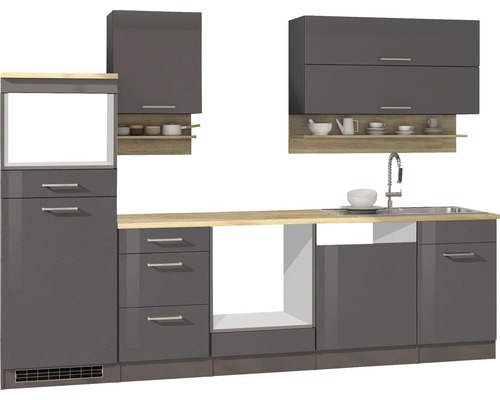 Held Möbel Küchenzeile Mailand 280 cm Frontfarbe grau Hochglanz Korpusfarbe graphit