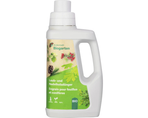 Engrais pour feuillus et conifères Andermatt Biogarten 500 ml Engrais liquide pour arbres à feuilles caduques et conifères dans une bouteille blanche