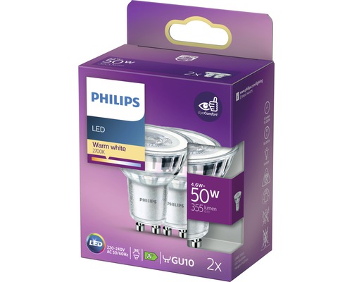 Packung mit zwei Philips LED Leuchtmitteln, GU10 Sockel, warmweiss