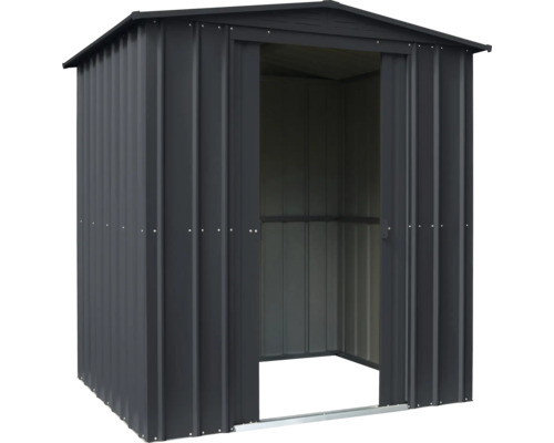 Abri de jardin en métal avec porte ouverte