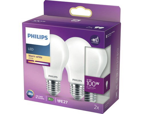 Philips LED-Lampe, warmweiss, 2700 Kelvin, E27 Fassung, 2er-Pack