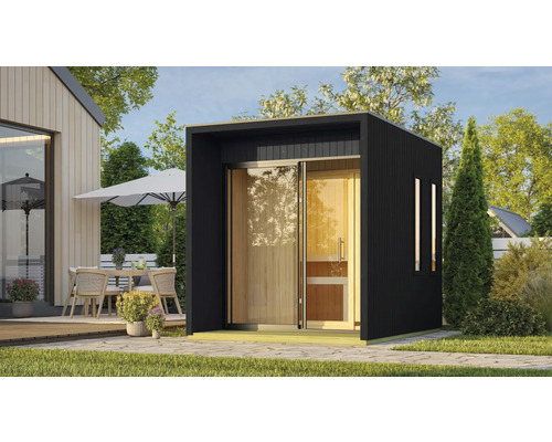 Chalet sauna Karibu Catalinos avec poêle 9 kW Bio et commande ext. avec vestibule et porte tout verre en verre transparent noir Chalet sauna Karibu Catalinos avec poêle 9 kW Bio et commande ext. avec vestibule et porte tout verre en verre transparent noir