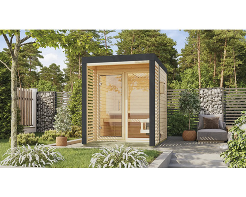 Saunahaus Karibu Sares 1 inkl. 9 KW Ofen und externer Steuerung mit Fenster und Ganzglastür aus Klarglas Holz Fichte Metallumrahmung anthrazit Freistehende Gartensauna mit Glastür und Holzverkleidung im Aussenbereich