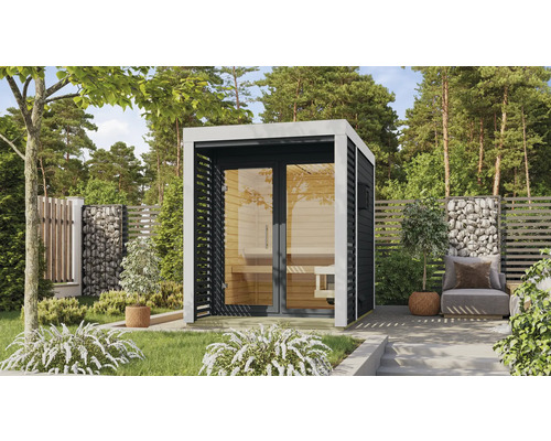 Chalet sauna Karibu Sares 1 avec poêle 9 KW Bio et commande ext. avec fenêtre et porte tout verre en verre transparent anthracite/blanc Chalet sauna Karibu Sares 1 avec poêle 9 KW Bio et commande ext. avec fenêtre et porte tout verre en verre transparent anthracite/blanc