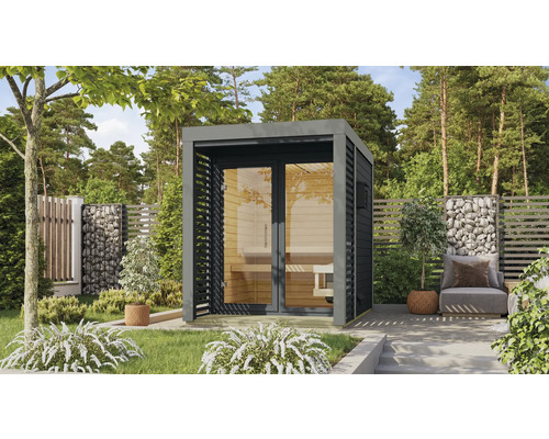 Chalet sauna Karibu Sares 1 avec poêle 9 KW et commande ext. avec fenêtre et porte tout verre en verre transparent gris poussière Chalet sauna Karibu Sares 1 avec poêle 9 KW et commande ext. avec fenêtre et porte tout verre en verre transparent gris poussière
