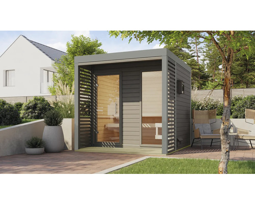 Chalet sauna Karibu Sares 2 sans poêle avec fenêtre et porte tout verre en verre transparent gris poussière/gris terre cuite Chalet sauna Karibu Sares 2 sans poêle avec fenêtre et porte tout verre en verre transparent gris poussière/gris terre cuite