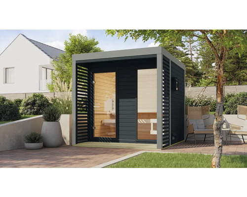 Chalet sauna Karibu Sares 2 sans poêle avec fenêtre et porte tout verre en verre transparent anthracite/gris poussière Chalet sauna Karibu Sares 2 sans poêle avec fenêtre et porte tout verre en verre transparent anthracite/gris poussière