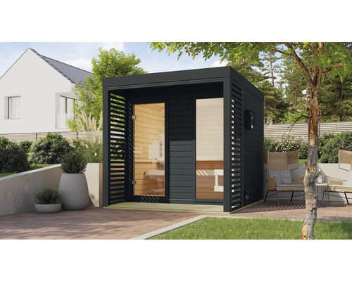 Chalet sauna Karibu Hybrid 2 sans poêle avec fenêtre et porte tout verre en verre transparent anthracite Chalet sauna Karibu Hybrid 2 sans poêle avec fenêtre et porte tout verre en verre transparent anthracite