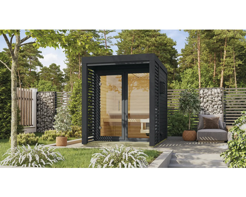 Saunahaus Karibu Hybrid 1 inkl. 9 KW Ofen u.ext.Steuerung mit Fenster und Ganzglastür aus Klarglas anthrazit