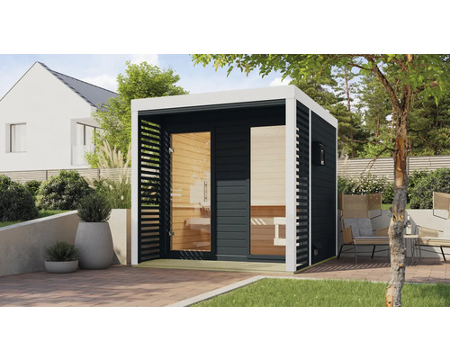 Saunahaus Karibu Sares 2 inkl. 9 kW Bio Ofen u.ext. Steuerung mit Fenster und Ganzglastür aus Klarglas anthrazit/weiß Saunahaus Karibu Sares 2 inkl. 9 kW Bio Ofen u.ext. Steuerung mit Fenster und Ganzglastür aus Klarglas anthrazit/weiß