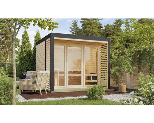 Saunahaus Karibu Sares 3 inkl. 9 KW Ofen und externer Steuerung mit Fenster und Ganzglastür aus Klarglas Holz Fichte Metallrahmen anthrazit Holz-Aussensauna mit Glaselementen auf einer Holzterrasse in einem Garten