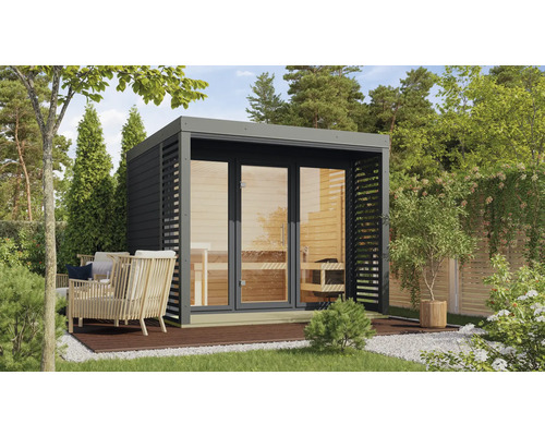 Saunahaus Karibu Sares 3 inkl. 9 kW Bio Ofen u.ext. Steuerung mit Fenster und Ganzglastür aus Klarglas anthrazit/staubgrau