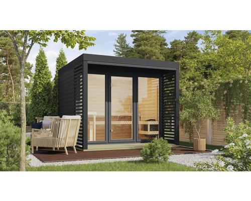 Chalet sauna Karibu Hybrid 3 avec poêle 9 KW et commande ext. avec fenêtre et porte tout verre en verre transparent anthracite Chalet sauna Karibu Hybrid 3 avec poêle 9 KW et commande ext. avec fenêtre et porte tout verre en verre transparent anthracite