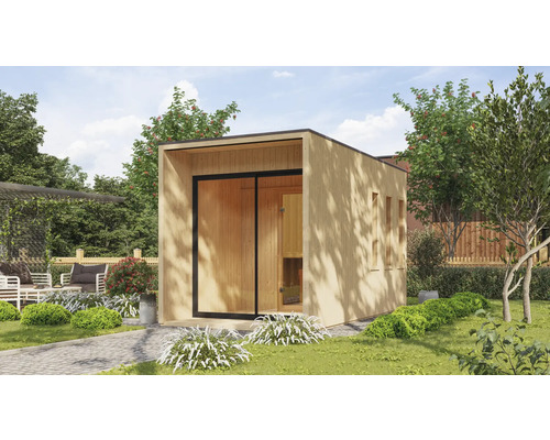 Sauna de jardin moderne en bois avec porte coulissante et fenêtres dans le jardin.