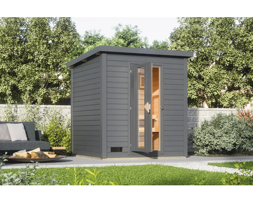 Chalet sauna Karibu Talos 2 sans poêle et porte en bois et verre isolant gris terre cuite Sauna de jardin en bois avec porte en verre à l''extérieur