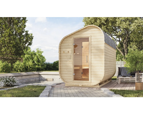 Sauna baril Karibu Rondi asymétrique 3 avec poêle bio 9 kW et commande externe avec vestibule et porte entièrement vitrée en verre transparent Sauna en tonneau de bois avec porte en verre à l''extérieur