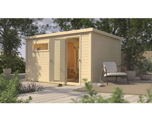 Chalet sauna Karibu Talos 6 sans poêle avec vestibule et porte en bois et verre isolant Abri de jardin en bois avec double porte et fenêtre dans le jardin