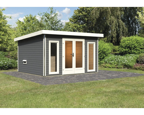 Chalet sauna Karibu Sainburga 2 sans poêle avec vestibule et porte tout verre bronzée gris terre cuite