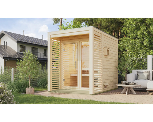 Chalet sauna Karibu Angkora 1 avec poêle 9 kW Bio et commande ext. avec fenêtre et porte tout verre en verre transparent Sauna en bois dans le jardin avec entrée en verre