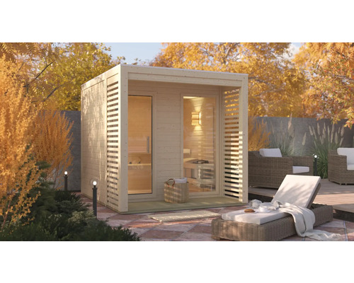 Saunahaus Karibu Angkora 2 inkl. 9 KW Ofen u.ext.Steuerung mit Fenster und Ganzglastür aus Klarglas Holzsauna im Garten mit Liegestuhl und Sitzgelegenheiten